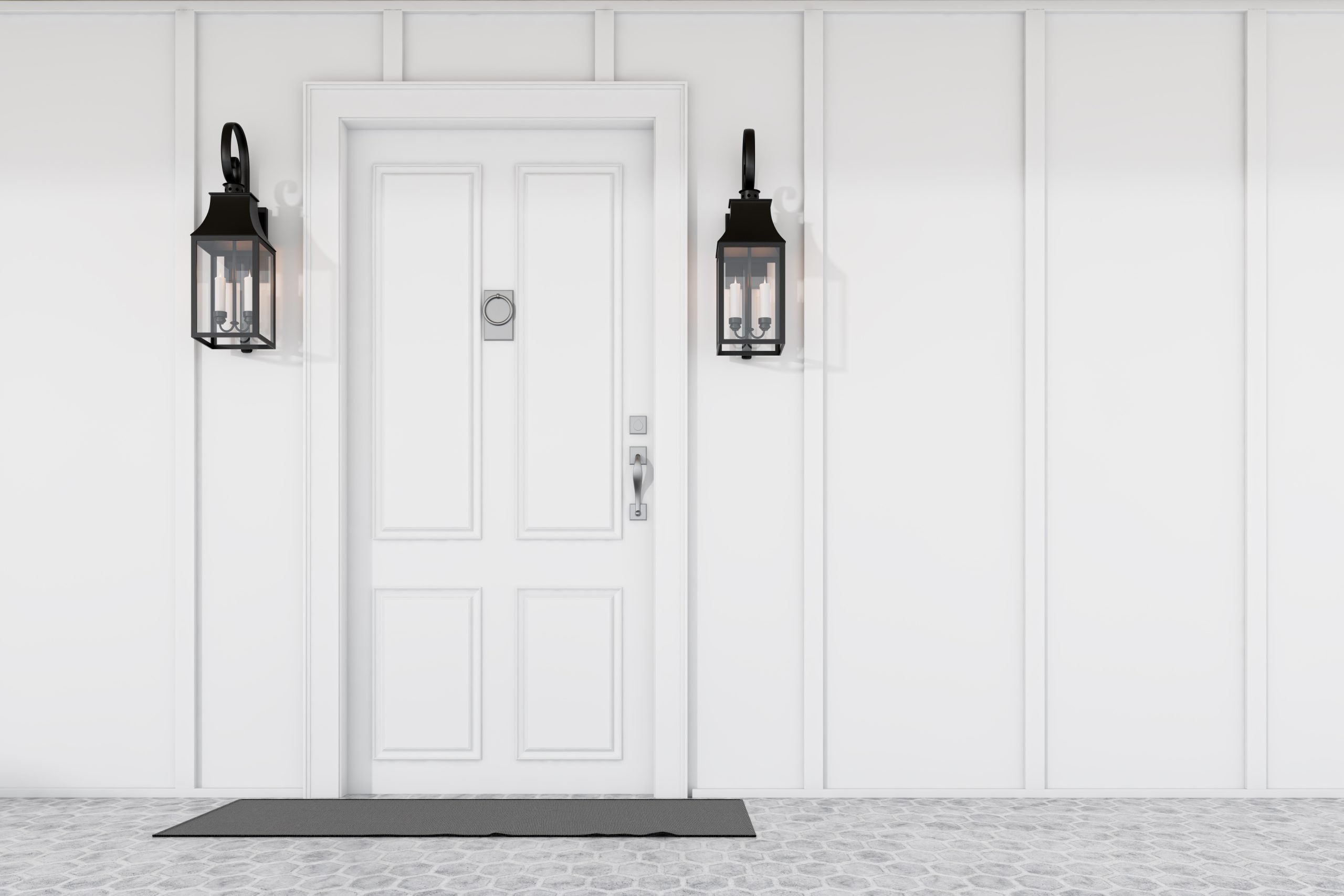 White front door of white house with mat